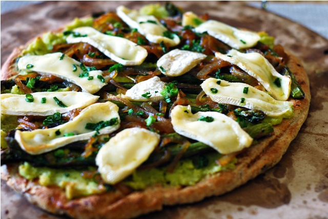 Butter Bean Hummus Flatbread with Asparagus, Brie and Caramelized Onions